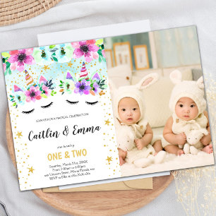 Photo Twin Green Floral Unicorn Invitations