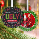 Photo Ugly Sweater Christmas Chalkboard Holiday<br><div class="desc">“Have yourselves an ugly sweater Christmas.” Celebrate the holiday season in “style” with this unique, fun keepsake paper ornament card! Cute, whimsical trees, reindeer, ornaments, and playful “sweater” typography in red, green and aqua blue, overlay a chalkboard background on the front. Your custom photo is on the back. Customise with...</div>