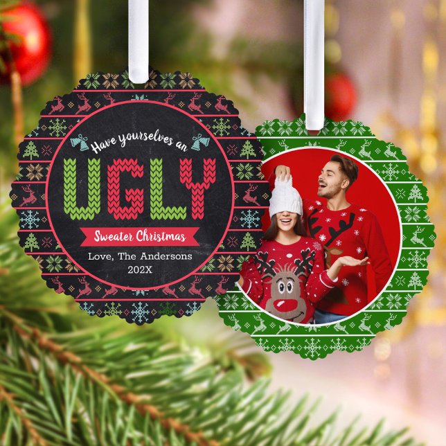 Photo Ugly Sweater Christmas Chalkboard Holiday Tree Decoration Card (Creator Uploaded)