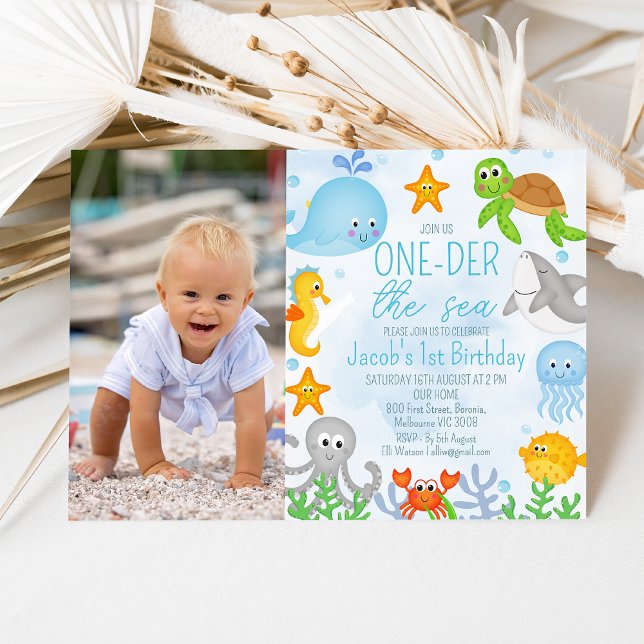Photo Under the Sea One-der The Sea First Birthday Invitation (Cute one-der the sea boys first birthday invitation featuring various cute sea creatures and seaweed)