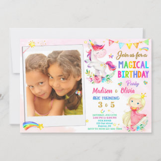 Photo Unicorn and Princess birthday invitation