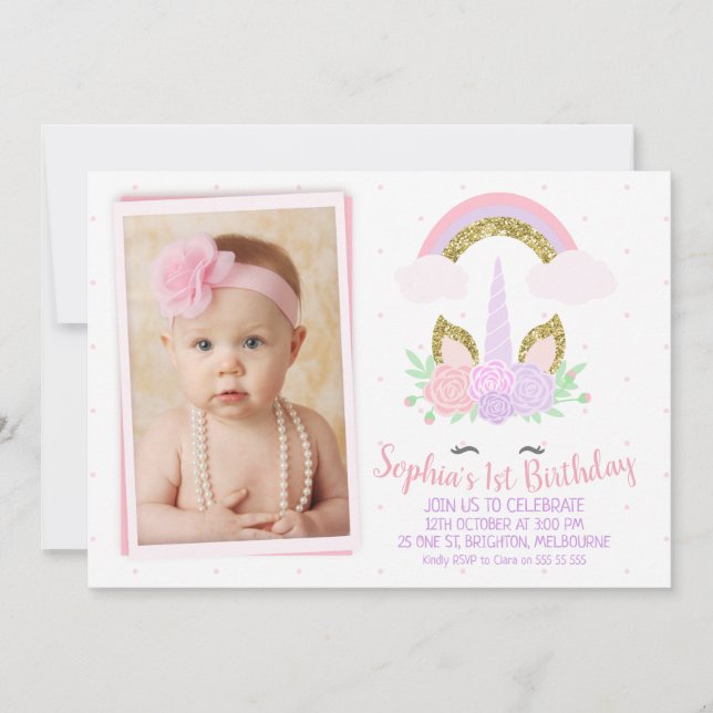 Photo Unicorn and Rainbow Birthday Invitation (Front)