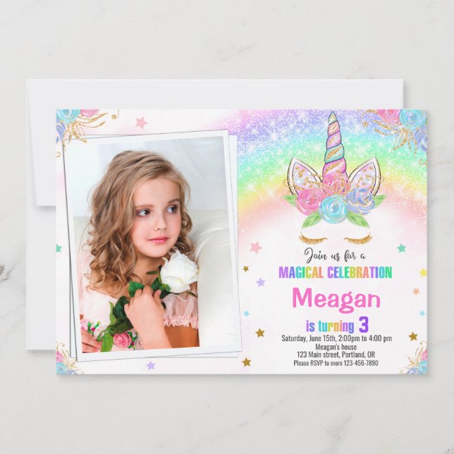 Photo Unicorn birthday invitation Magical invite (Front)