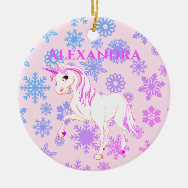 Photo Unicorn Christmas Snowflakes Cute Pink Kids Ceramic Tree Decoration (Front)