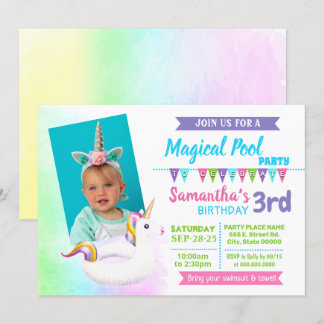 Photo Unicorn pool summer birthday party Invitation