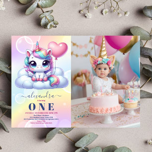 Photo Unicorn Rainbow Sparkles Gold 1st Birthday Invitation