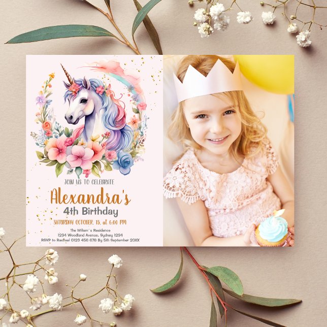 Photo  Unicorn Rainbow Sparkles Gold Birthday  Invitation (Creator Uploaded)