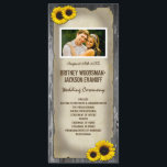 Photo Vintage Barn Wood Sunflower Wedding Programs Programme<br><div class="desc">Vintage Barn Wood Sunflower Wedding Programs - features a weathered barn wood background with vintage torn paper over top,  decorated with four sunflowers.  Change the demo photo to your own.</div>