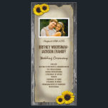 Photo Vintage Barn Wood Sunflower Wedding Programs Programme<br><div class="desc">Vintage Barn Wood Sunflower Wedding Programs - features a weathered barn wood background with vintage torn paper over top,  decorated with four sunflowers.  Change the demo photo to your own.</div>