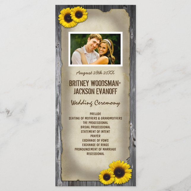 Photo Vintage Barn Wood Sunflower Wedding Programs Programme (Front)