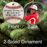 Photo Vintage Baseball Double Sided Kids Boys Ceramic Tree Decoration<br><div class="desc">Vintage antique style baseball with weathered grunge effect image. Add your photo to the back and text to the front of this personalised baseball ball Christmas, Holiday, or Car Auto Ornament. Features black, red and white baseball on front with your name, number and school (or other personalised message. Great gift...</div>