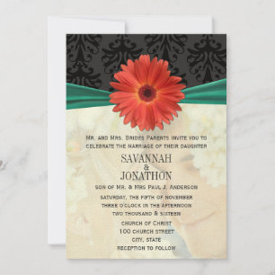 Photo Vintage Damask Emerald Gerber Daisy Wedding Invitation