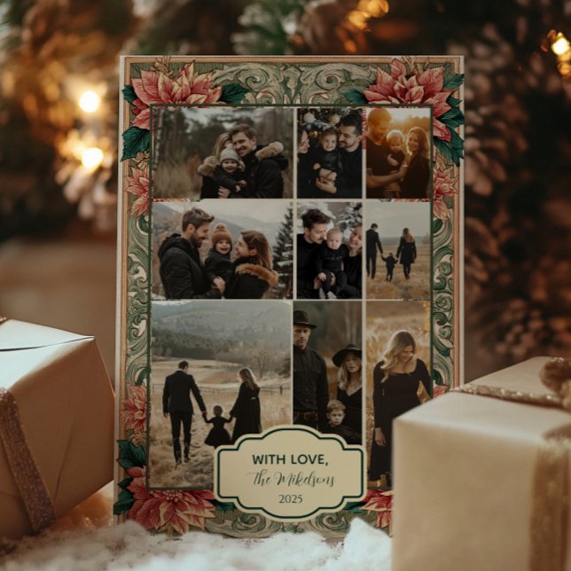 Photo Vintage Poinsettia Scrollwork Holiday Card (Creator Uploaded)