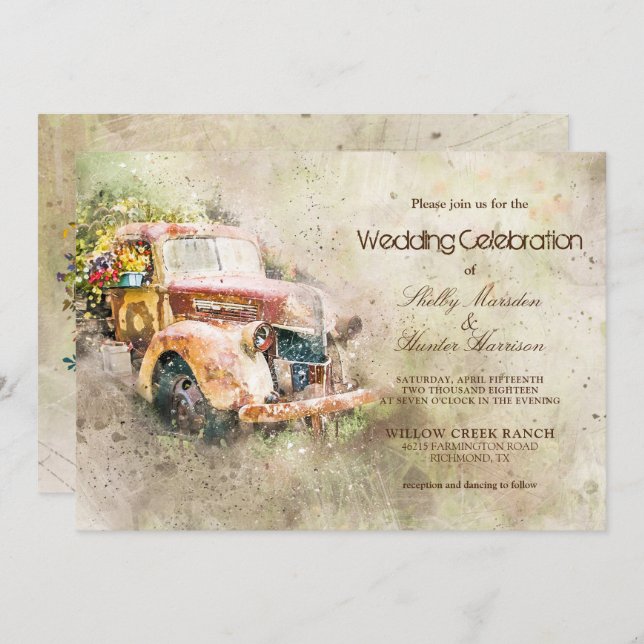 Photo Vintage Rustic Old Truck Trendy Wedding Invitation (Front/Back)