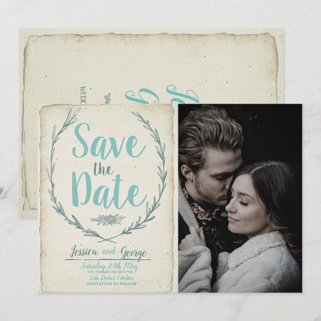 Photo Vintage rustic wreath Wedding Save the date (Front/Back)