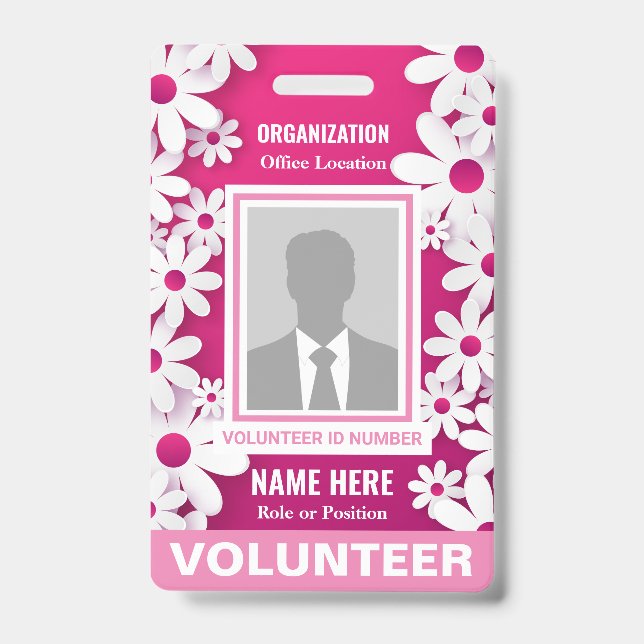 Photo Volunteer Cheerful Happy White Daisies Pink ID Badge (Front)