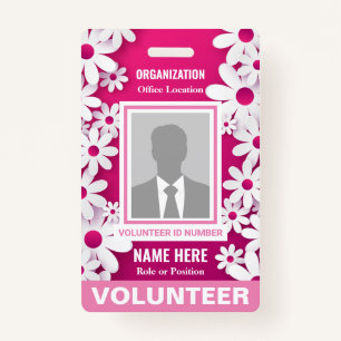 Photo Volunteer Cheerful Happy White Daisies Pink ID Badge