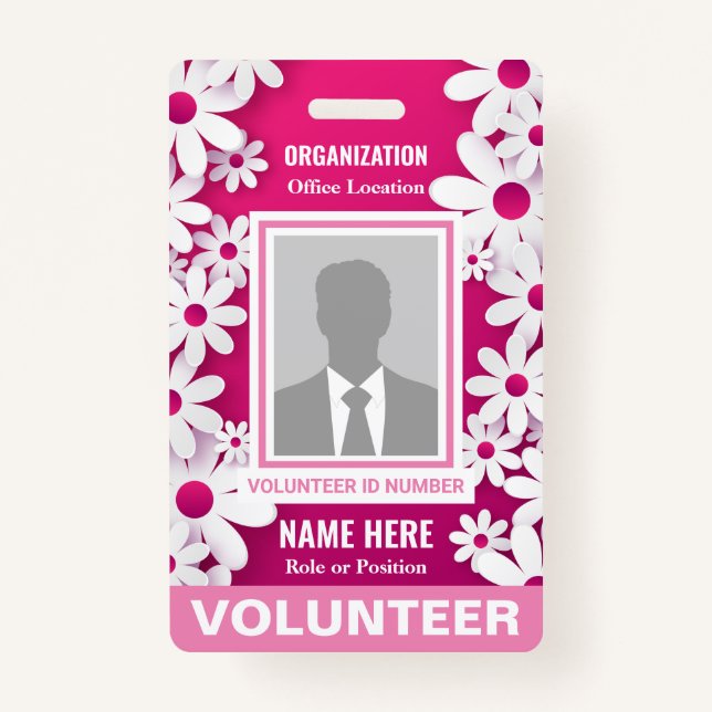 Photo Volunteer Cheerful Happy White Daisies Pink ID Badge (Front)
