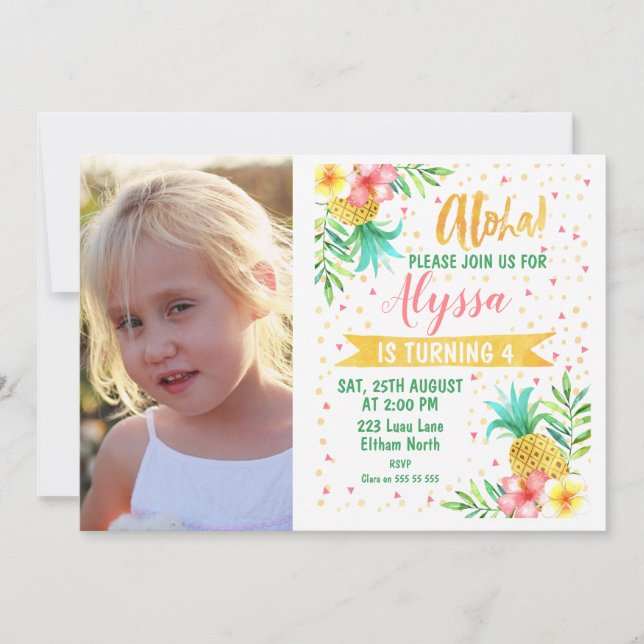 Photo Watercolor Aloha Luau Birthday Invitation (Front)