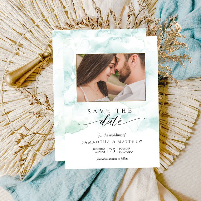 Photo, Watercolor Blue, Turquoise and Green Save The Date (Creator Uploaded)