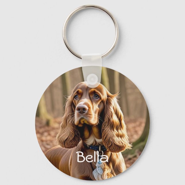 Photo & Watercolor Cocker Spaniel Personalise Key Ring (Front)
