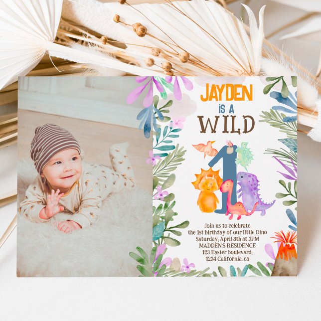 Photo watercolor dinosaurs greenery wild one 1st invitation (Creator Uploaded)