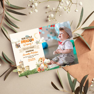 Photo Watercolor Dragon Baby 1st Birthday Invitation