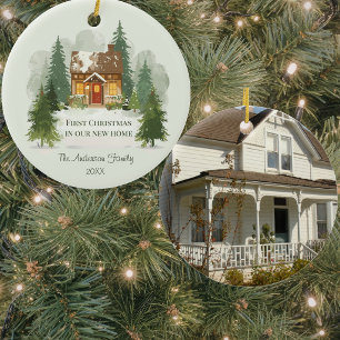 Photo Watercolor First Christmas in Our New Home Ceramic Tree Decoration