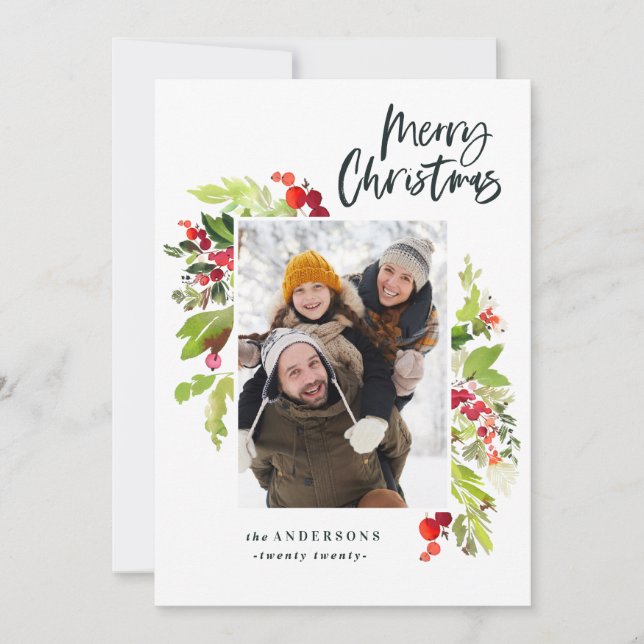 Photo watercolor floral and foliage christmas holiday card (Front)