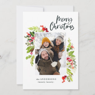 Photo watercolor floral and foliage christmas holiday card