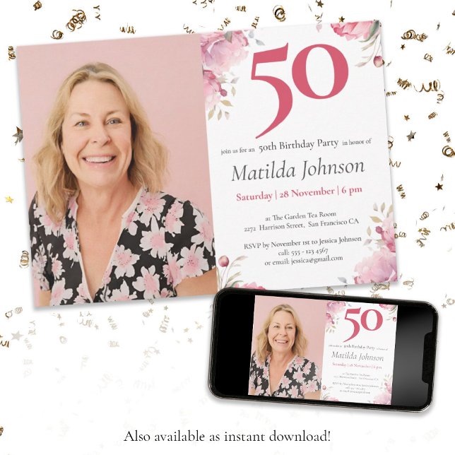 Photo Watercolor Floral Pink 50th Birthday Party Invitation (50th Birthday Watercolor Floral Pink Custom Photo Invitation)