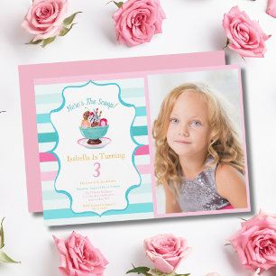 Photo Watercolor Ice Cream Sundae Birthday Invitation