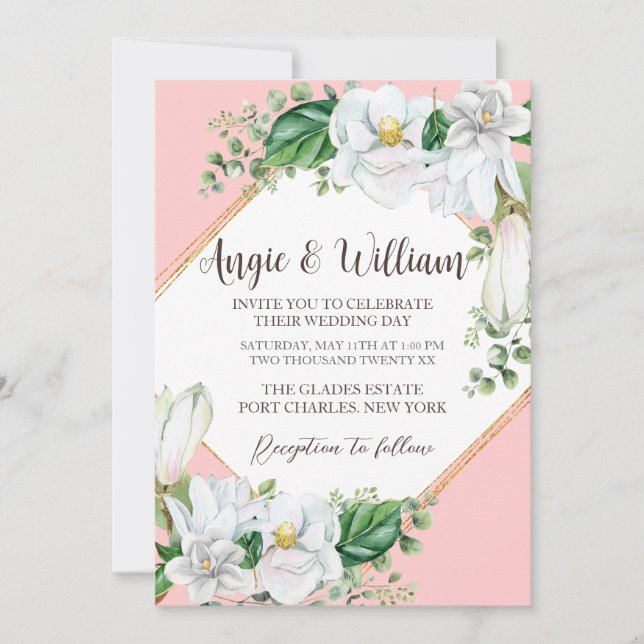  Photo Watercolor Magnolia Blush QR Code Wedding Invitation (Front)