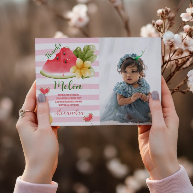  Photo Watercolor One in a Melon First Birthday Thank You Card (Creator Uploaded)
