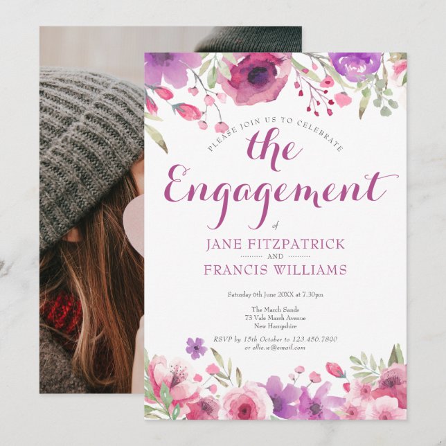 Photo Watercolor Rose Floral Engagement Party Invitation (Front/Back)