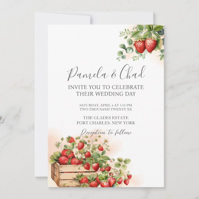 Photo Watercolor Strawberries QR Code Wedding  Invitation (Front)