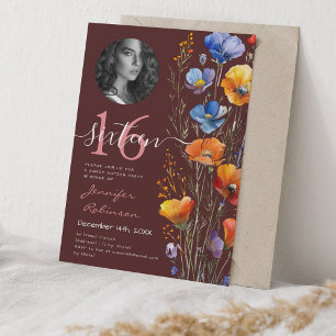 PHOTO Watercolor Wildflowers Sweet 16 Burgundy Invitation