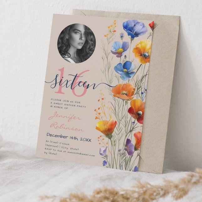 PHOTO Watercolor Wildflowers Sweet 16 Champagne  Invitation (PHOTO Watercolor Wildflowers Sweet 16 Champagne Invitation)