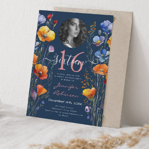 PHOTO Watercolor Wildflowers Sweet 16 Navy Blue  Invitation