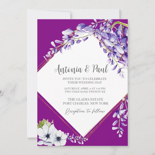  Photo Watercolor Wisteria QR Code Wedding Invitation (Front)