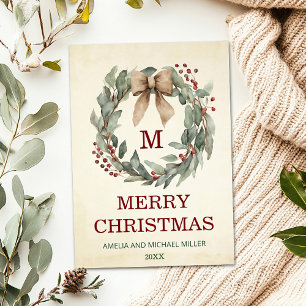 Photo Watercolor Wreath Merry Christmas Card