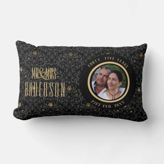 PHOTO Wedding Anniversary ANY Black Gold Ornate Lumbar Cushion (Front)