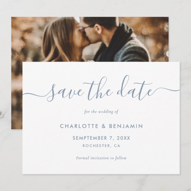 Photo Wedding Elegant Script Dusty Blue Wedding Announcement (Front/Back)