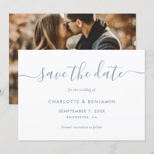 Photo Wedding Elegant Script Dusty Blue Wedding Announcement