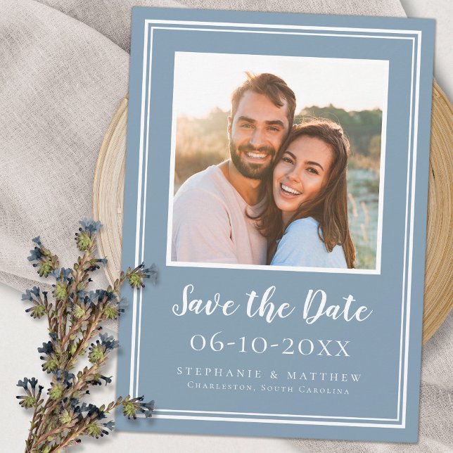 Photo Wedding Engagement Couple Modern Dusty Blue Save The Date (Creator Uploaded)