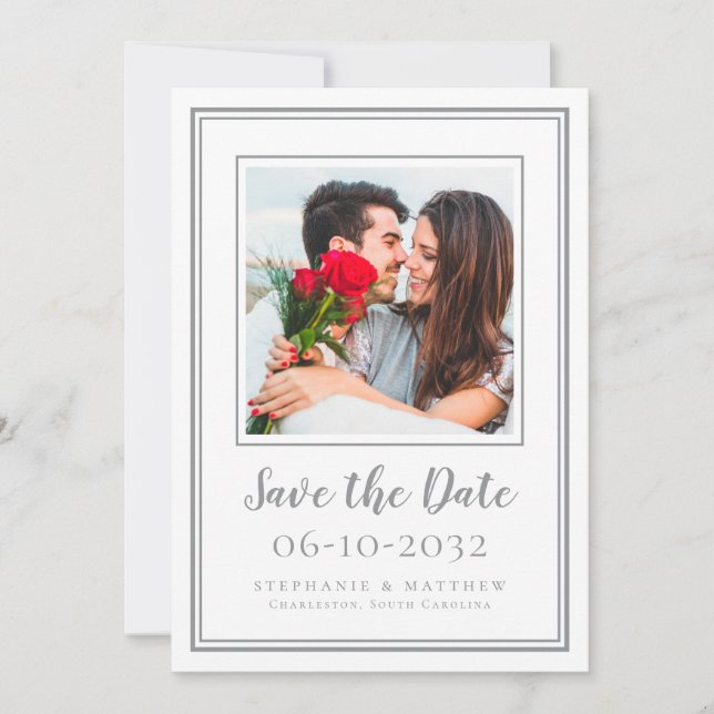 Photo Wedding Engagement Couple Modern Grey White Save The Date (Front)