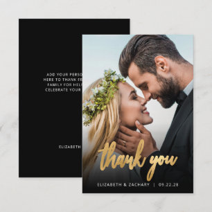 Photo Wedding Gold Script Black Thank You Card