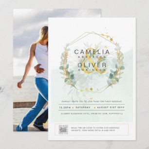 Photo Wedding Invitation Botanical Greenery Gold