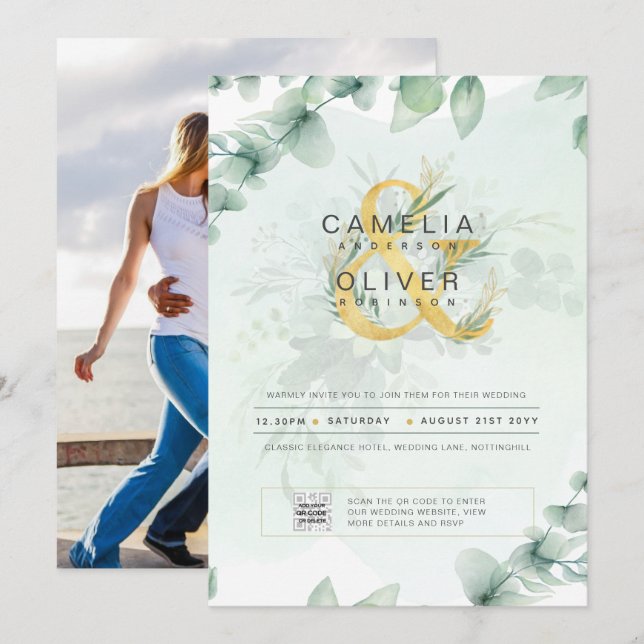 Photo Wedding Invitation Botanical Greenery Gold (Front/Back)