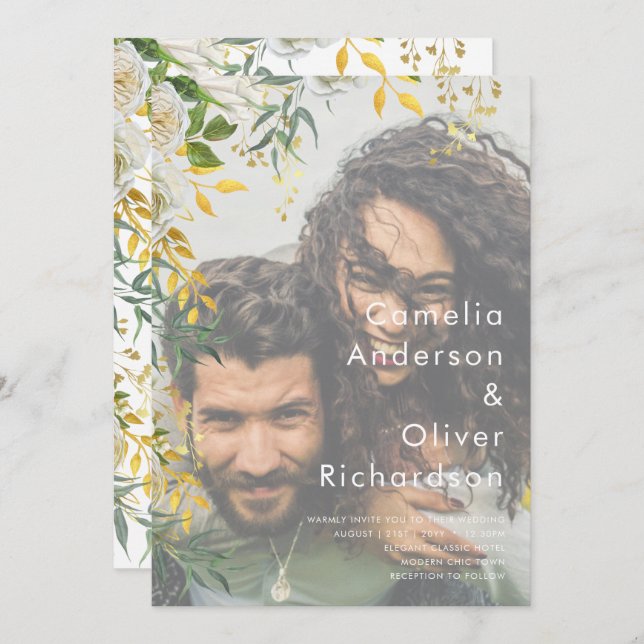 PHOTO WEDDING INVITATION Greenery Gold LeahG (Front/Back)